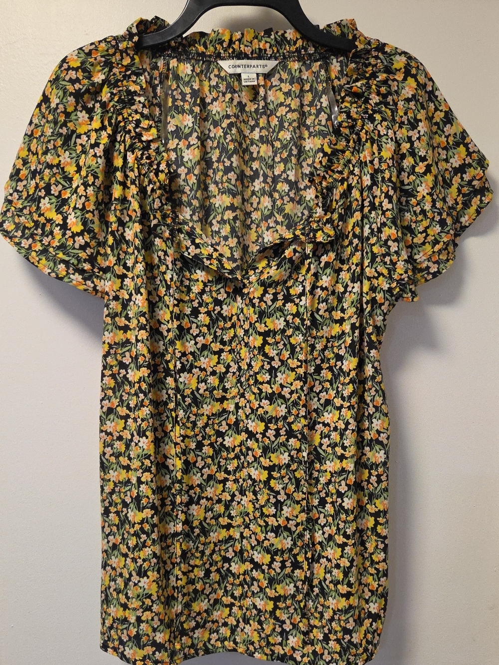 COUNTERPARTS Floral Ruffle Neck Flutter Sleeve Black & Yellow Peasant Blouse L